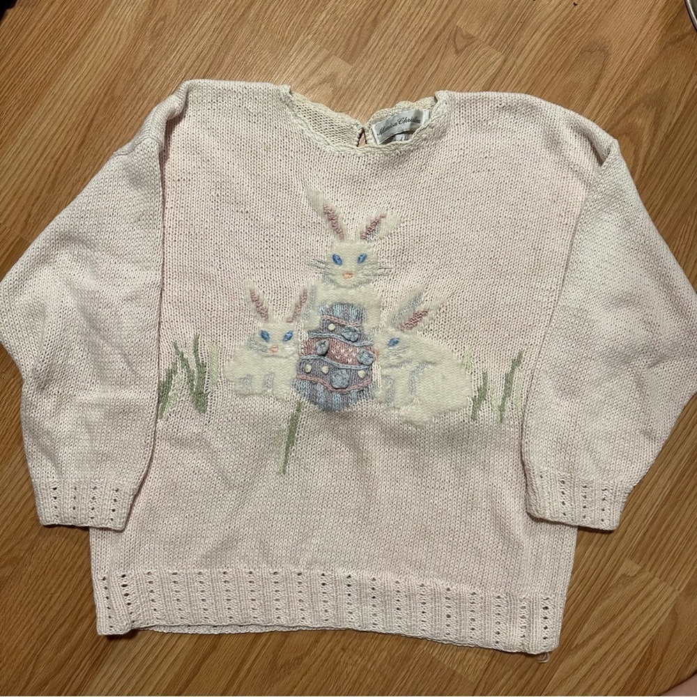 Hand knit pastel pink bunny sweater Easter egg feature 3/4 length sleeves medium